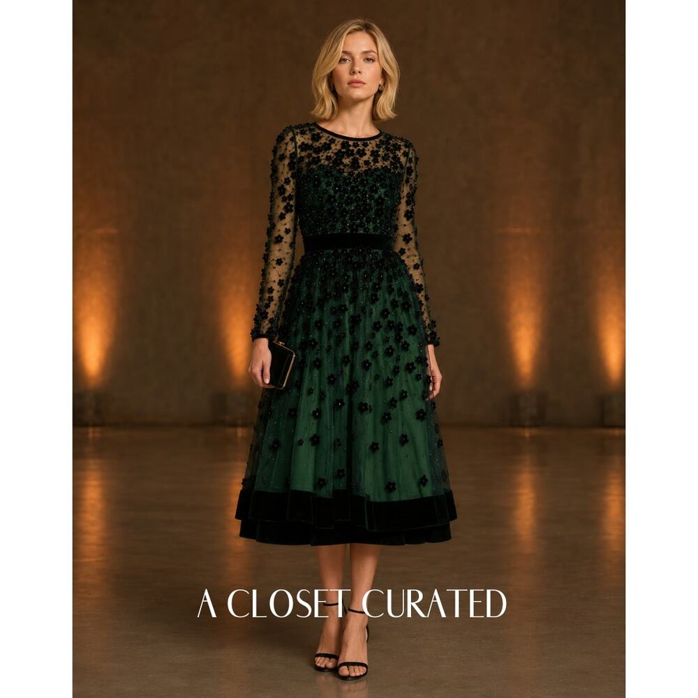 Mac Duggal Embellished Long Sleeve Velvet Trim Midi Dress 2 Green NWT 67854